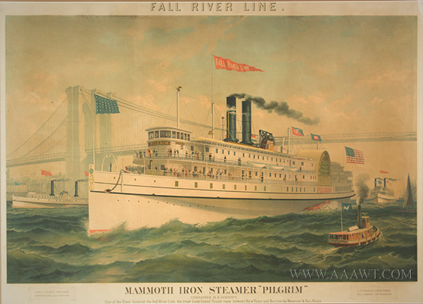 Lithograph, Fall River Line Steamer, Mammoth Iron Steamer Pilgrim, Oak Framed
Major and Knapp, New York, entire view